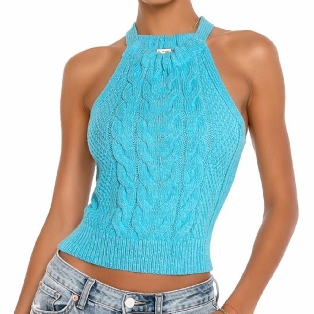 Anthropologie Pilcro Halter Cable Knit Tank Top Womens XS Turquoise Coastal Boho